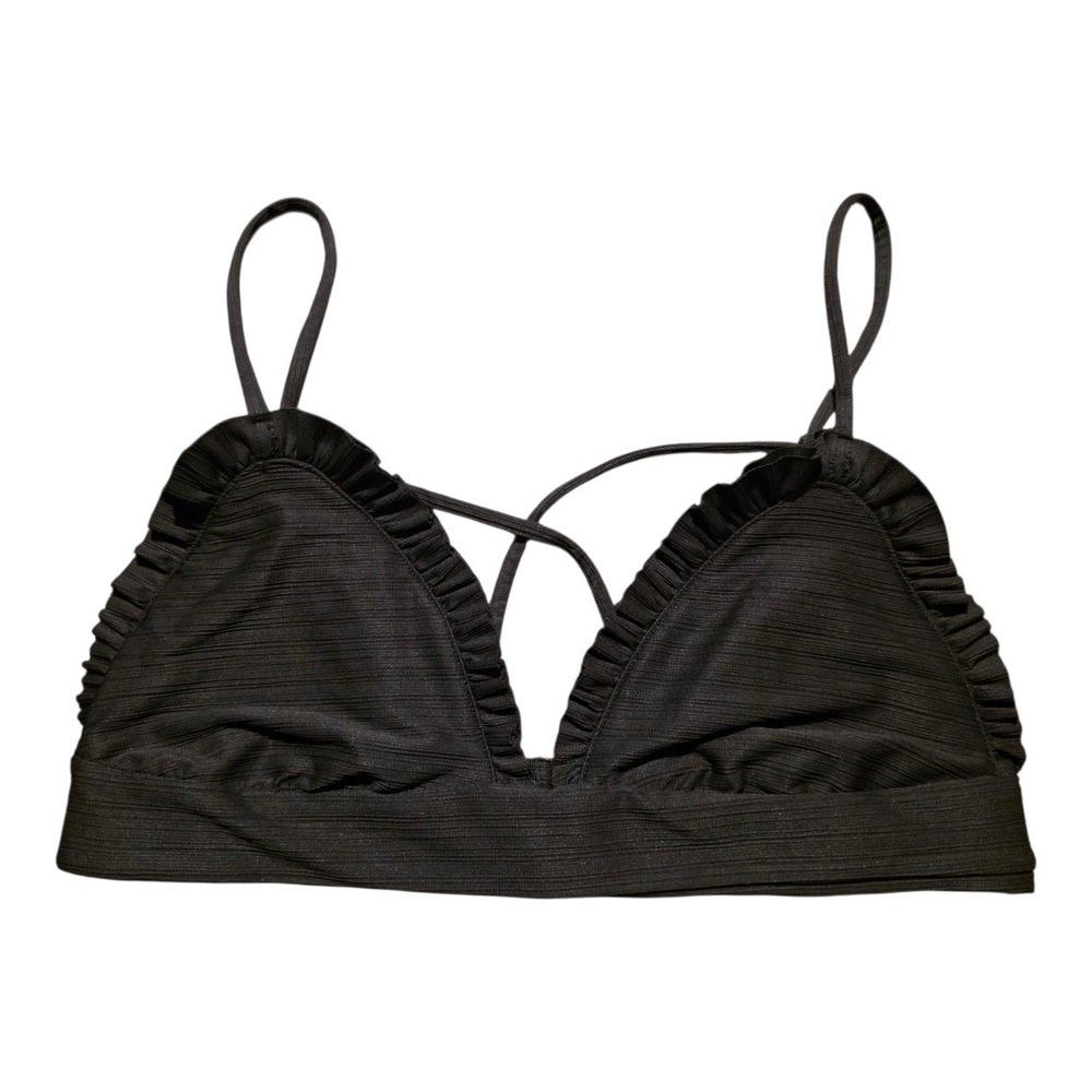 For‎ Love & Lemons Swim Black Textured Ruffle Triangle Bikini Top Small Beach